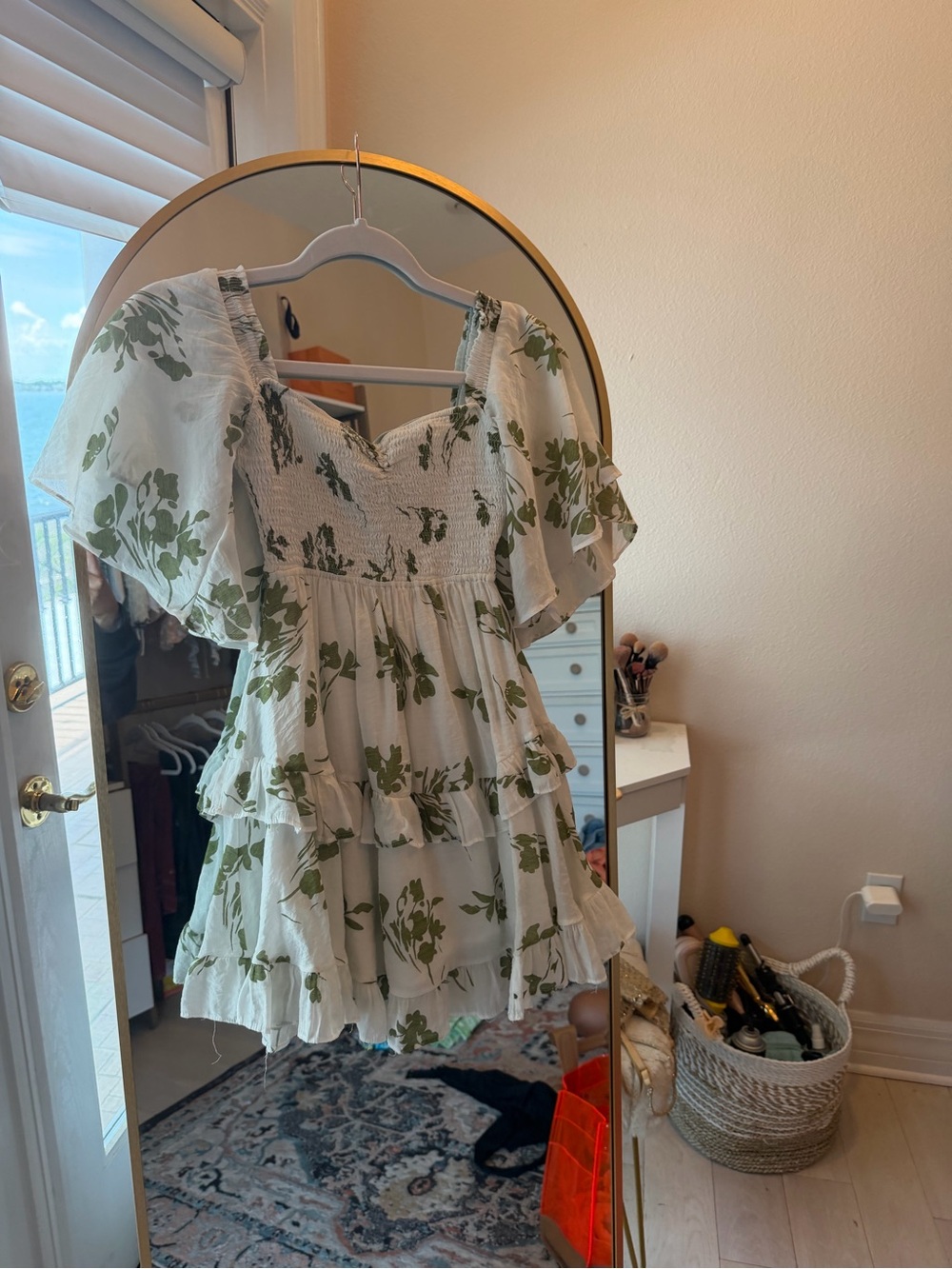 Hello Molly White Mini Dress with Green Floral Print